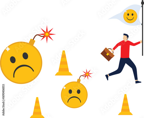 Running away from negative emotions. Stressful burden, anxiety or negative thinking, anger, or emotional cause of the problem, mental health, or depression. Businessman running away from depression


