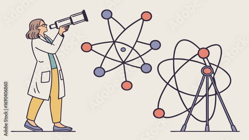Scientist observing atomic model science illustration research concept vector graphic educational poster lab illustration atom structure physics chemistry scientific discovery scientific research tec.