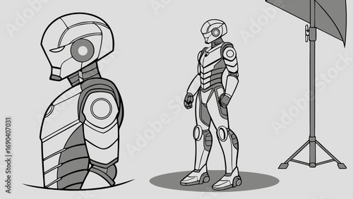 Robot illustration futuristic cyborg android character design grayscale artwork profile view full body view science fiction technology concept digital art graphic design robotic character mechanical .