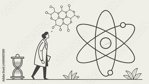 Science Illustration Scientist Exploring Atomic Structure and Molecular Bonds.