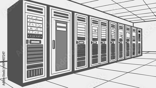 Server room data center network infrastructure technology illustration computer hardware IT equipment digital technology data storage cloud computing servers rack servers data processing information .