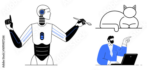Humanoid robot painting, professional pointing at laptop screen, and relaxed cat resting. Ideal for technology, creativity, teamwork, ideas, progress innovation balance. Minimal flat metaphor