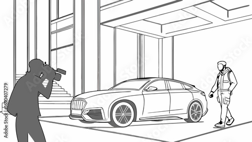 Sketch of a new car unveiling photographer and a man near a modern vehicle.