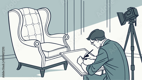 Sketching a Wingback Chair in a Studio Setting with Lighting Equipment.