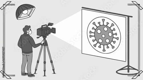 Studio filming of virus graphic health professional using camera on tripod safety precautions medical illustration broadcast news report.