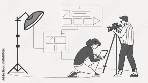 Studio filming production crew video shooting content creation digital media online marketing illustration.