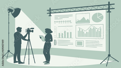 Studio filming business presentation video production cameraman presenter charts graphs data analysis marketing corporate interview information report infographic television broadcasting news media m.