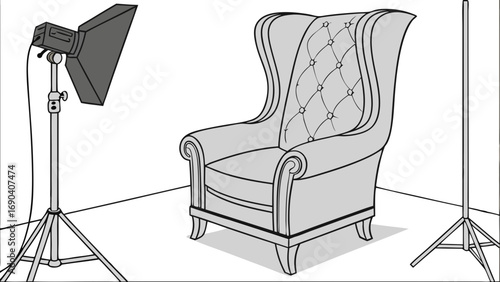 Studio Photography Setup with Elegant Chair and Lighting Equipment.