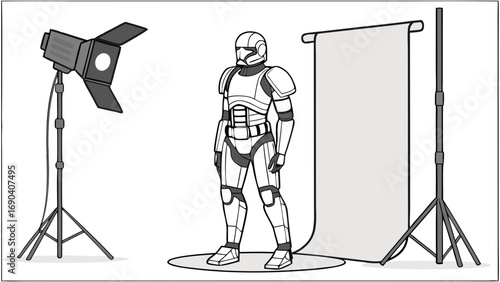 Studio Photography Setup with Futuristic Figure Lighting Equipment and Backdrop.