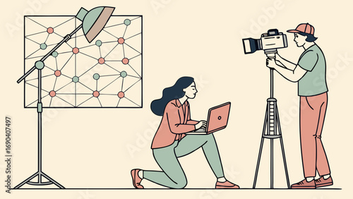 Studio Filmmaking Team Video Production Crew Working Together Camera Operator and Editor Collaboration Illustration.
