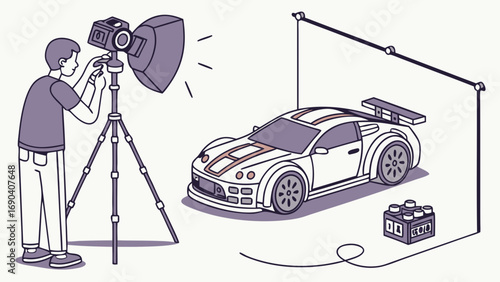 Studio Photography of a Sports Car Photographer with Camera and Lighting Setup Isometric Illustration.