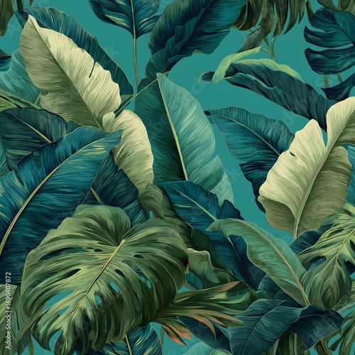 Wallpaper Mural Botanical seamless pattern of monstera and banana leaves, tropical vibrant style Torontodigital.ca