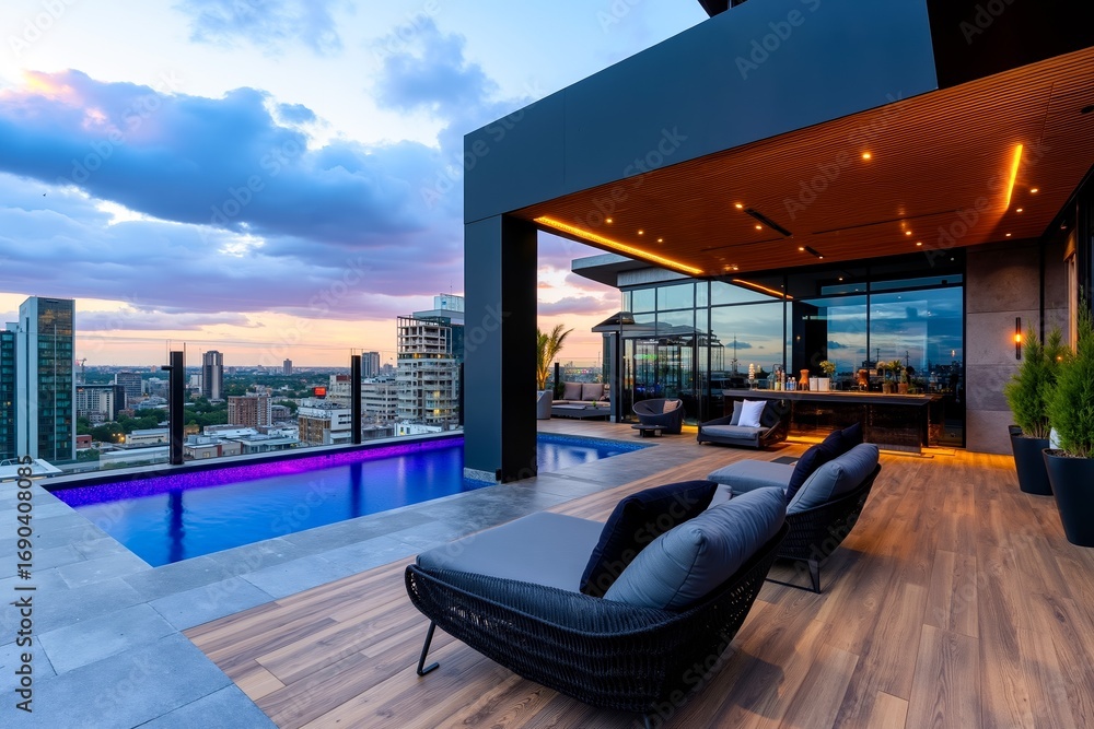 Fototapeta premium A rooftop pool with lounge chairs and a view of the city