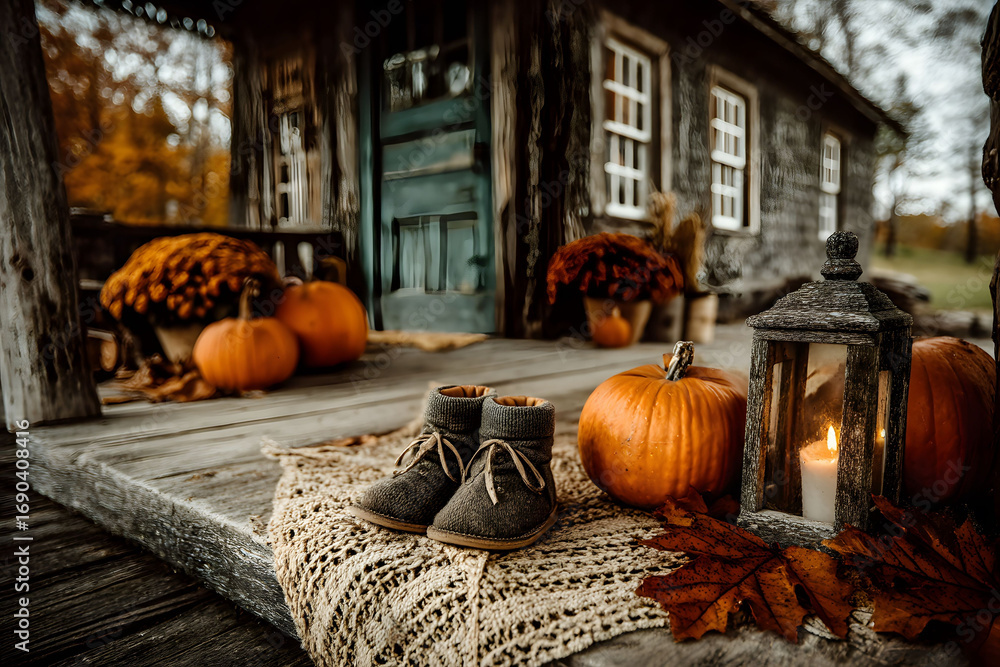Obraz premium Autumn Rustic Porch with Cozy Boots, Pumpkins, and Lantern - Fall Decor Inspiration