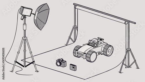 Studio Photography Setup with Lighting Equipment and Camera.