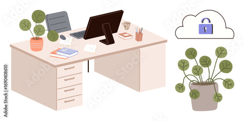 Office desk featuring computer, documents, stationery, indoor plants, and a coffee mug with a locked cloud icon symbolizing secure cloud storage. Ideal for productivity, cybersecurity, remote work
