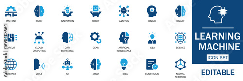Machine Learning Icon Set with editable vector icons for AI, neural networks, deep learning, data analytics, pattern recognition, predictive modeling, automation, and smart algorithms. Illustration.