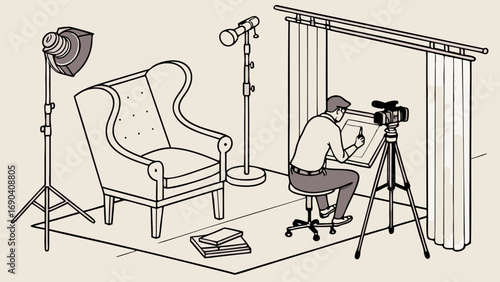 Studio Setup Artist Drawing with Camera Recording Isometric Illustration.