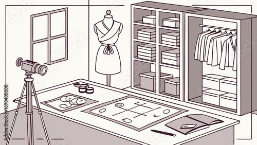 Studio Workspace with Camera Equipment Mannequin and Clothing Storage.