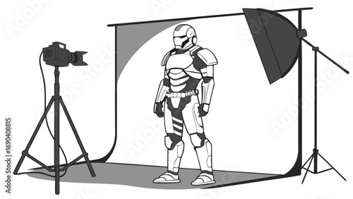 Studio Photography Futuristic Robot Sci-Fi Character Professional Lighting Setup Graphic Illustration Cyborg Armor Space Suit Technology Digital Art Grey Scale White Background Photo Shoot Costume De.