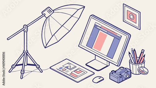 Studio Workspace with Computer Camera and Lighting Equipment Isometric Illustration.