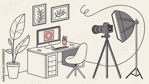 Studio Setup with Camera and Computer Photography Workspace Home Office Illustration Flat Lay Design.