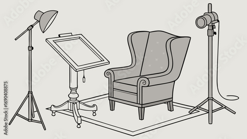 Studio Setup with Chair Lights and Easel Perfect for Photography or Design Projects.
