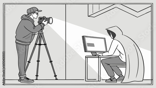 Surveillance Photographer taking picture of hooded figure using computer illustration digital art.