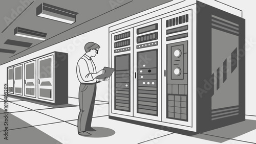 Technician inspecting server racks in a data center.