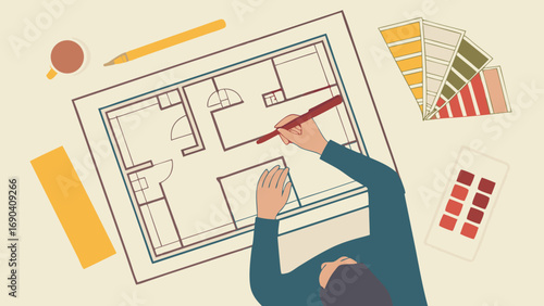 Top View of Hands Drawing House Floor Plan with Color Swatches and Tools.