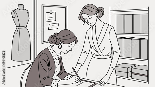 Two women working together in a design studio one signing a document while the other looks on.