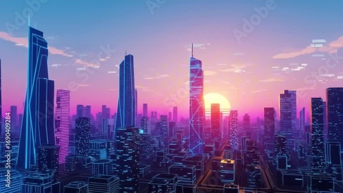 Cityscape with tall neonoutlined buildings at sunset pink and purple sky
