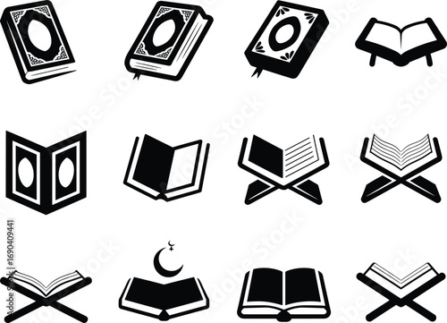 Islamic Quran icons set, black and white religious book symbols, open and closed holy book, rehal, crescent moon, star