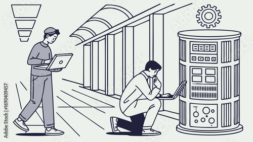 Two individuals working with technology one standing and one kneeling by a server in a modern hallway.