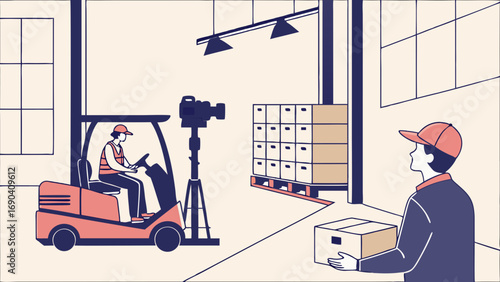 Warehouse worker operating forklift filming video of package handling and logistics operations modern business and industry illustration.