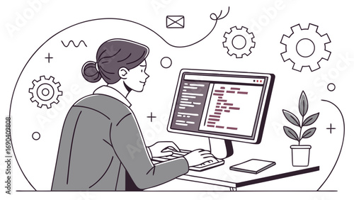 Woman coding at computer programming software development digital illustration line art style.