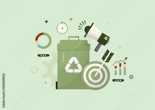Waste reduction goals. Waste management efficiency tracking. Corporate recycling objectives. Business objectives for zero waste. Tracking waste management goals. Flat style. Vector illustration