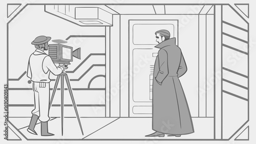 Vintage Filmmaking Scene Cameraman and Subject in Futuristic Setting.