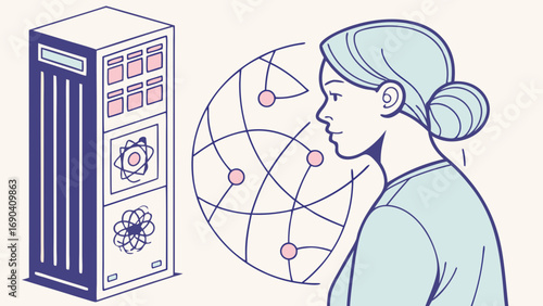 Woman looking at a server and global network illustration data center concept technology connection communication digital internet network science atom modern abstract design vector graphic illustrat.