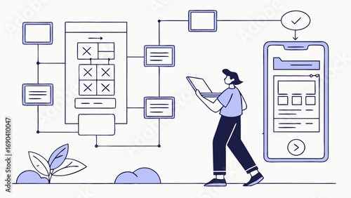 Website design process UI UX development mobile app development software development workflow flowchart digital illustration.