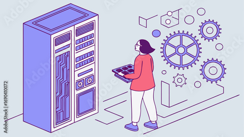 Woman working with server rack and data processing components illustration.