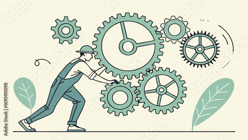 Worker operating large gears machinery mechanism engineering industry concept illustration.