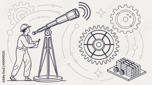 Worker using a telescope gears technology industry progress future.