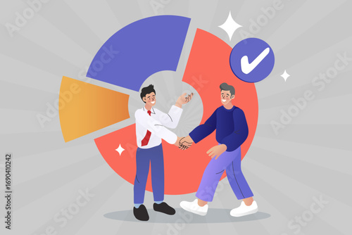 Seal the deal with this illustration of a successful business agreement. Two partners shake hands, symbolizing a completed contract, a new partnership, or a win-win negotiation.