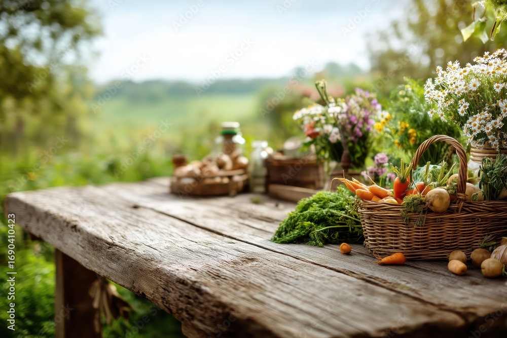 Fototapeta premium Rustic wooden table with fresh vegetables and flowers
