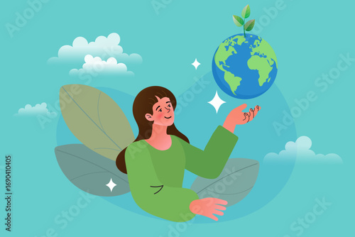 A gentle woman holds a small, green planet Earth, symbolizing a deep care for the environment. This hopeful vector concept represents sustainability, conservation, and nurturing a better future.
