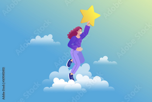 A motivated woman leaps into the sky to catch a falling star, a powerful metaphor for achieving dreams. This inspirational vector concept represents success, ambition, and reaching for your goals.
