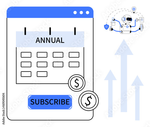 Calendar with annual payment option, subscribe button, dollar icons, automation illustration, and upward arrows. Ideal for fintech, SaaS, subscriptions, automation revenue growth and planning