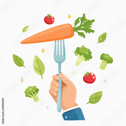 Hand Holding Fork With Carrot, Vegetables, Healthy Eating
