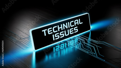 Glowing neon sign declaring technical issues with abstract blue light rays and circuitry